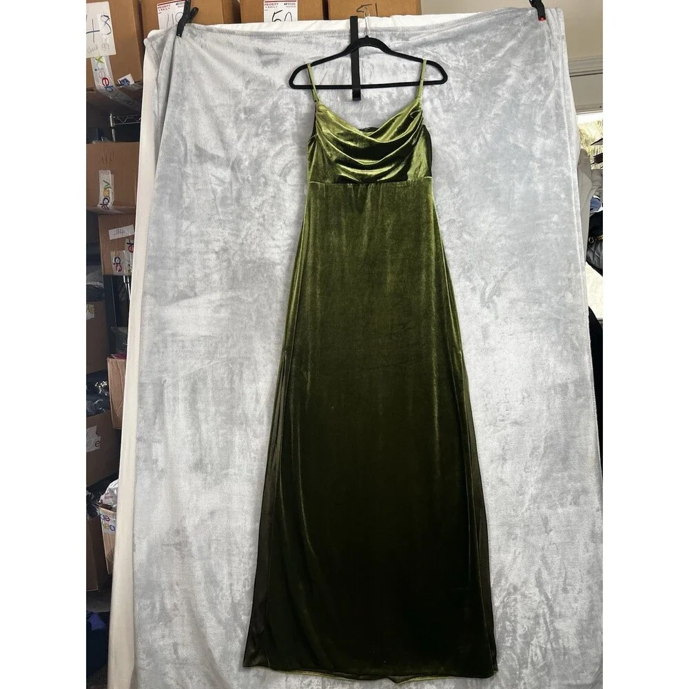 Revelry‎ Dress Sky Velvet Olive Green  Sleeveless Formal Double slits  Womens 8